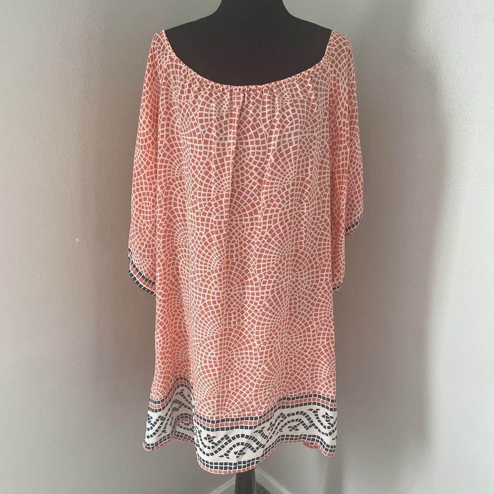 TOLANI Womens Sz M Orange 100% Silk Mosaic Dress Kimono Sleeve Boho Resort READ
